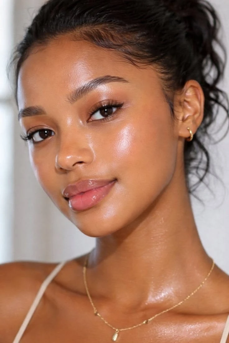 Femme aux cheveux relevés, peau éclatante, sourire léger